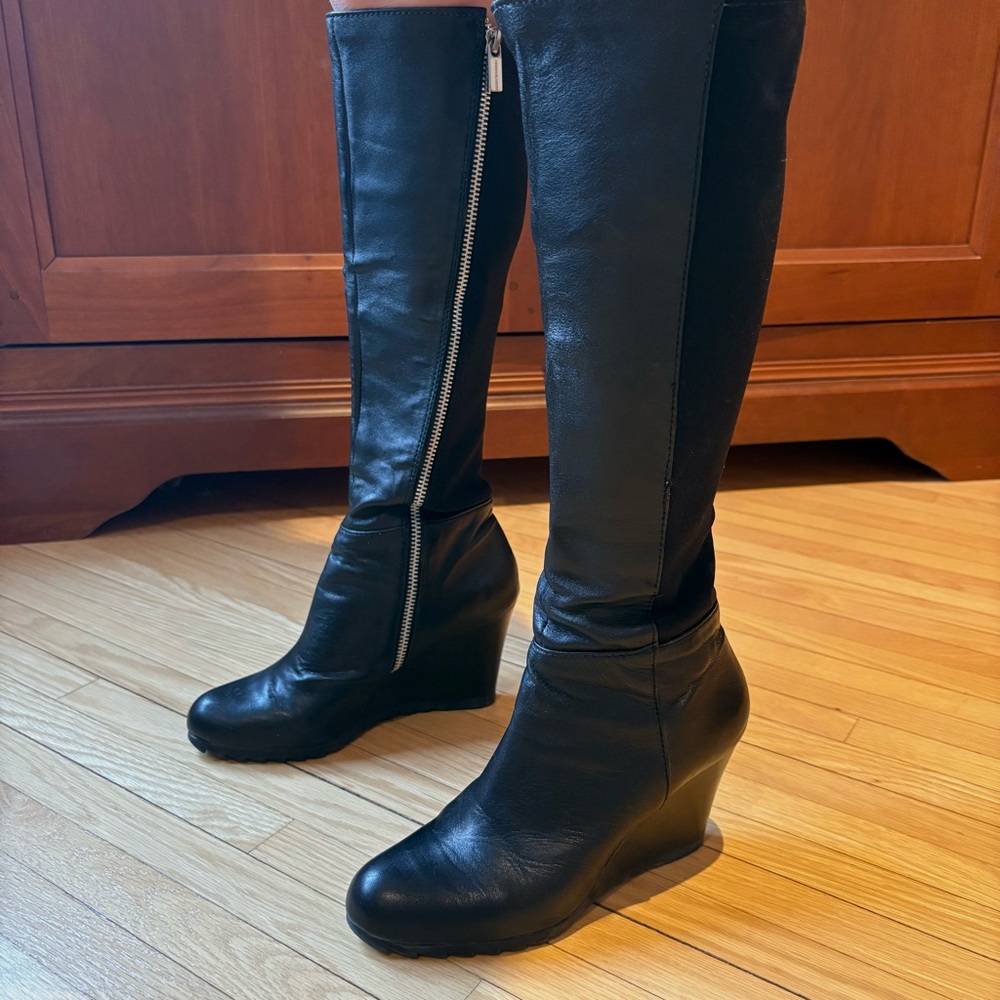 Michael Kors Black Wedge Knee-High Boots with Side Zip